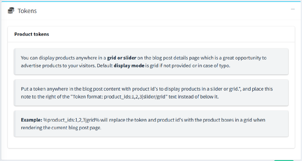 advanced blog management product tokens page